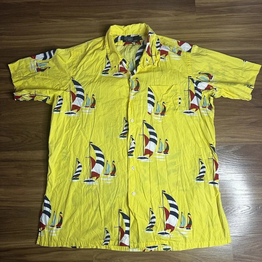 Vintage Polo Ralph Lauren Camp Shirt Large Yellow Sailing Sailboat Loop Collar
